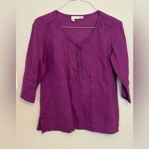 EILEEN FISHER Plum Purple 100% Irish Linen Bead Split Neck Top small petite